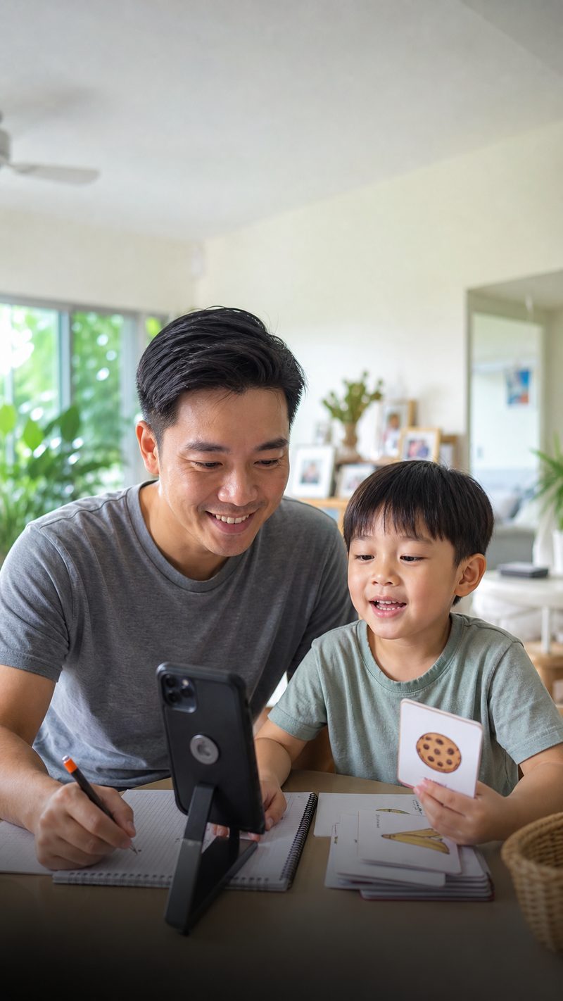 Ayah dan anak menggunakan aplikasi