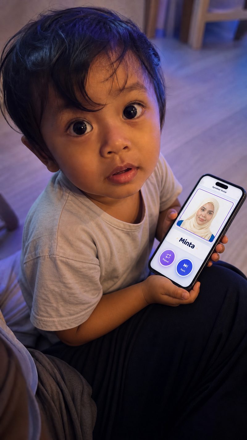 Anak kecil memegang telefon dengan aplikasi mybicara